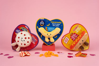 Bagel Bites Kraft Mac and Chese and Oscar Meyer heart boxes with plushies and gummies displayed 