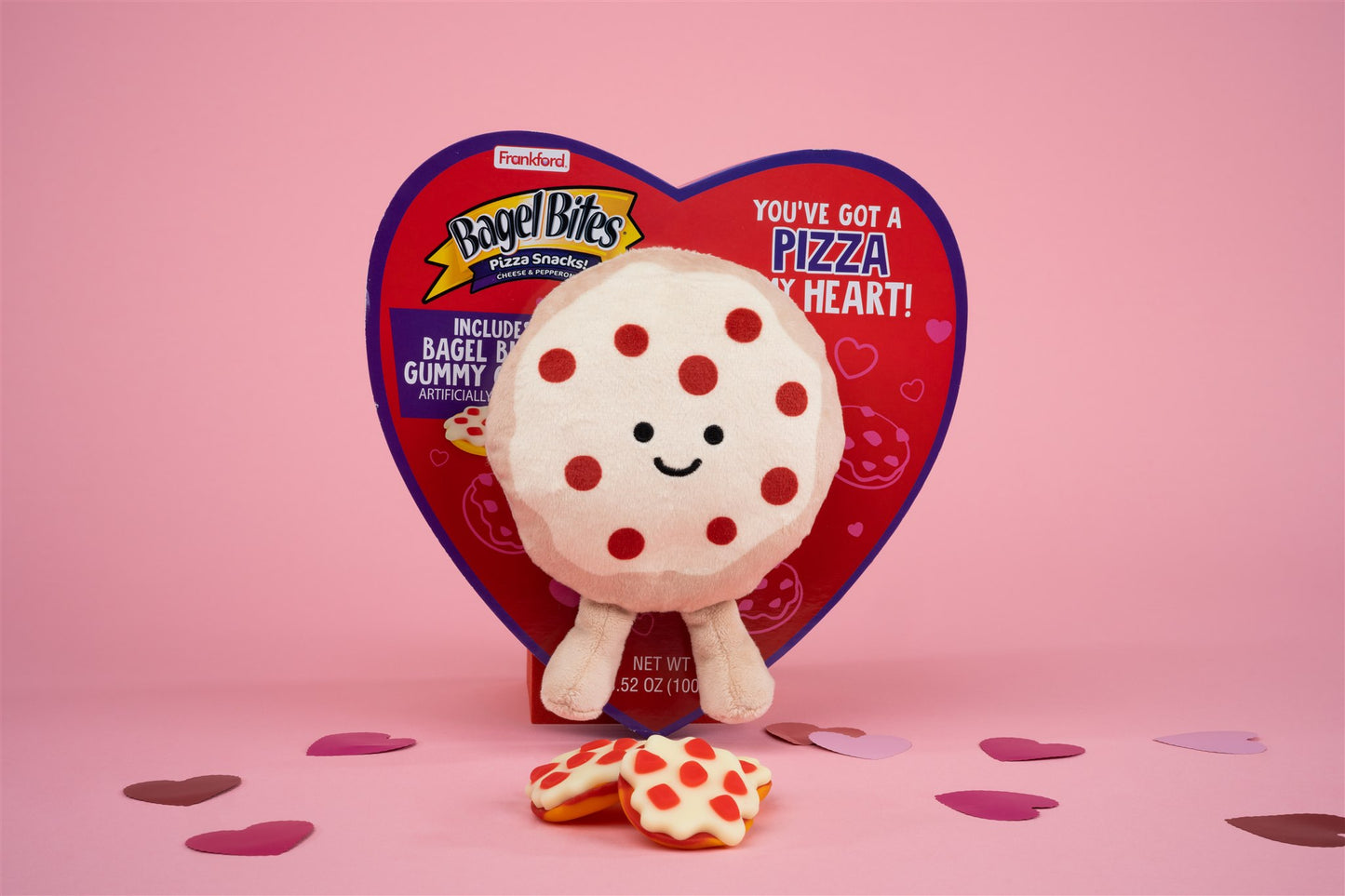 Heart shaped box with bagel bites plushy and gummy bagel bites displayed 