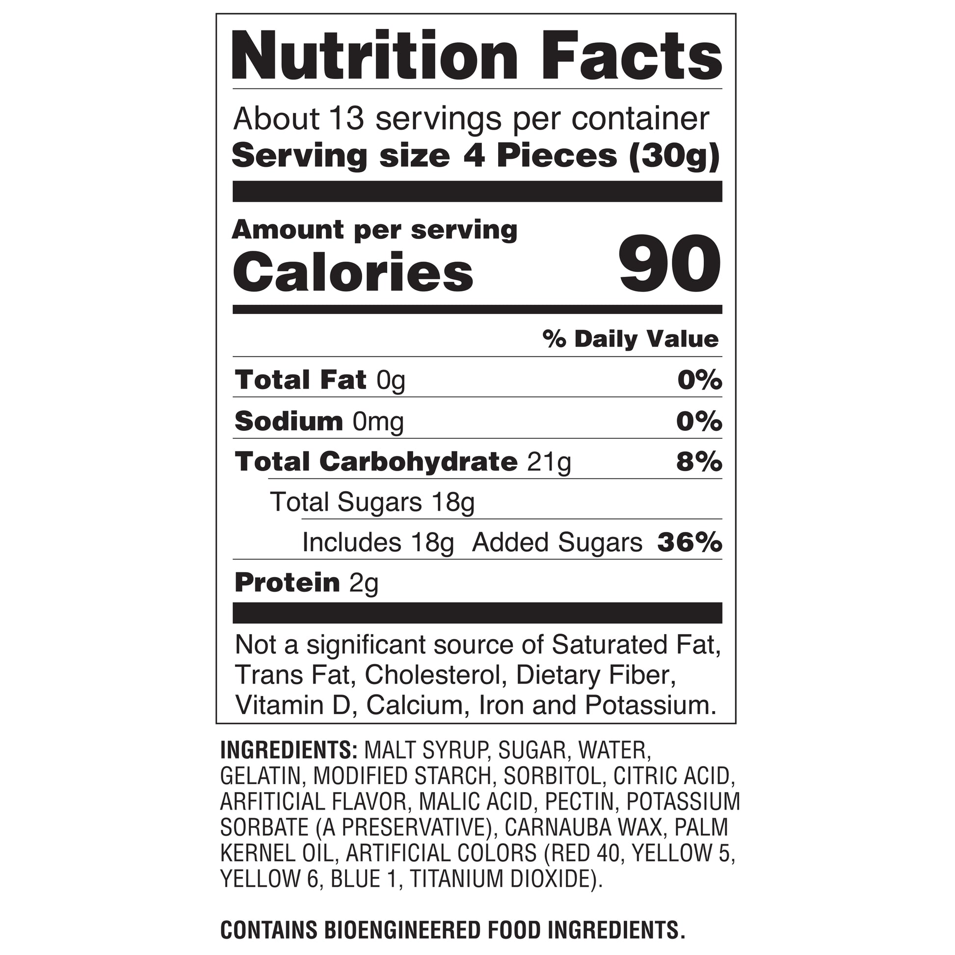 Nutrition facts found on the back of purple bag of 50 individual packed gummies. 