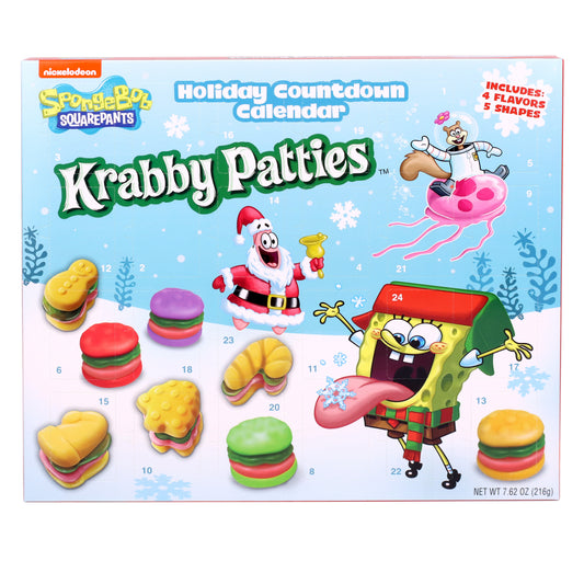 Front of advent calendar with gummy christmas shapes and flavors shown