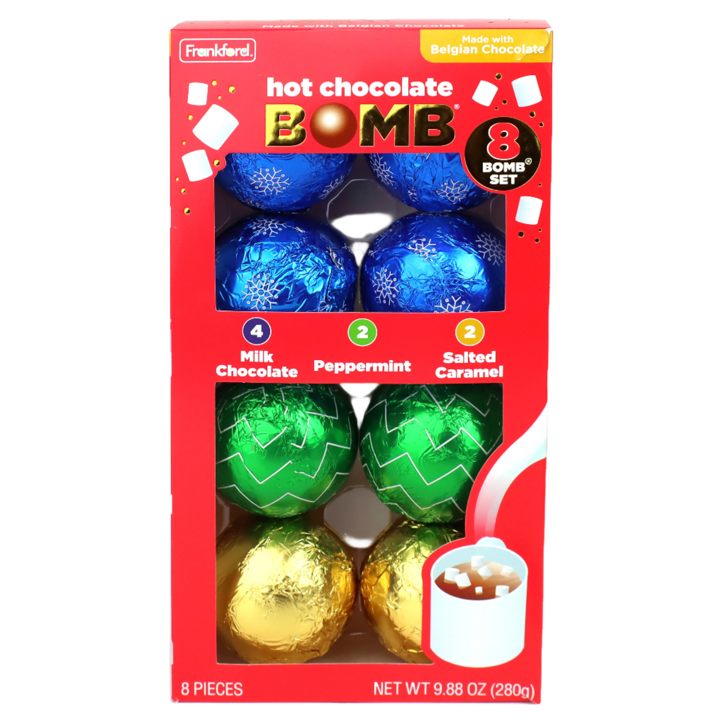 8  hot chocolate bombs(4 original, 2 peppermint, and 2 salted caramel) in a package with a clipart image of hot chocolate and marshmallows .