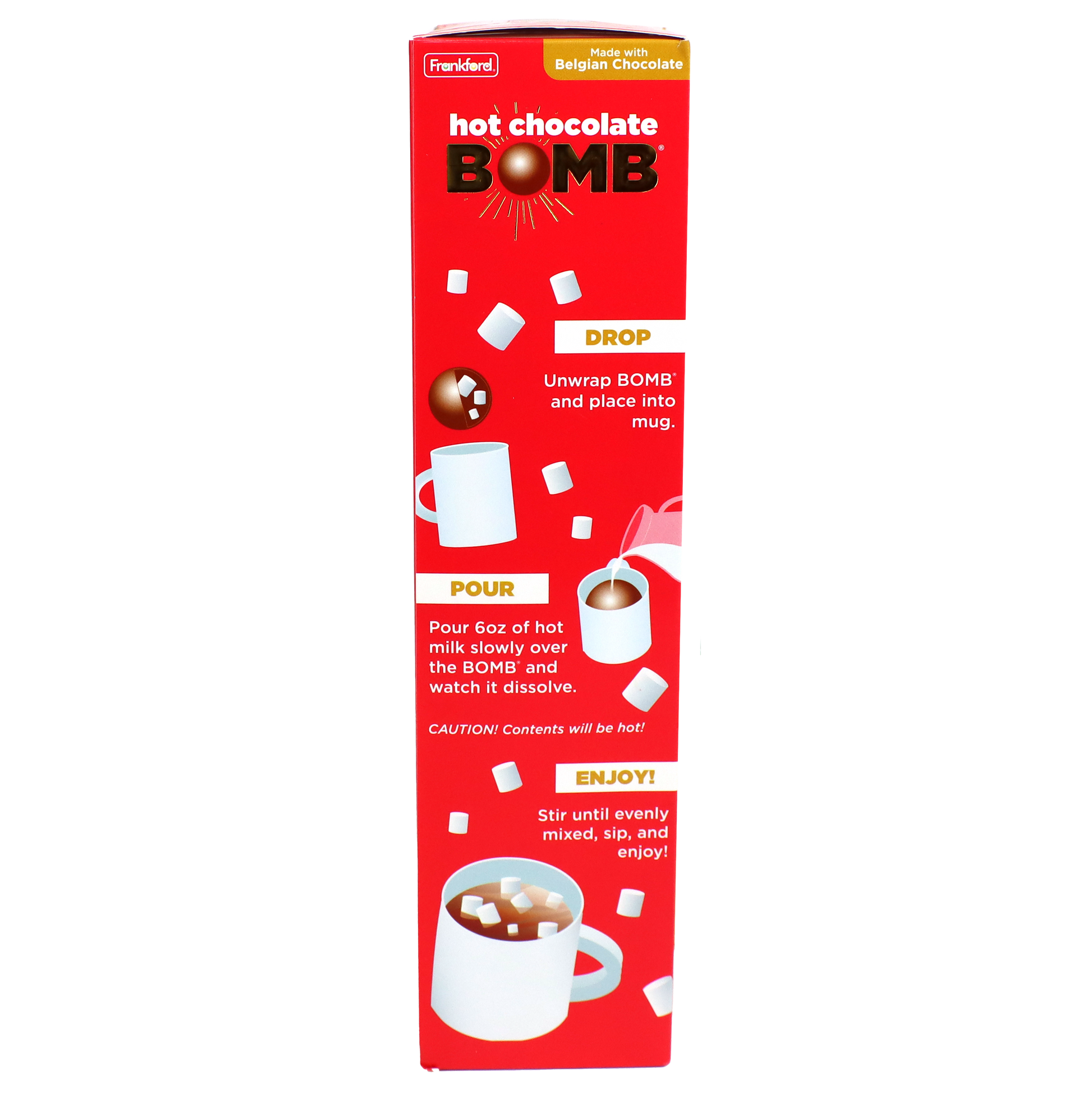 Side of packaging which explains how to use the hot cocoa bombs 