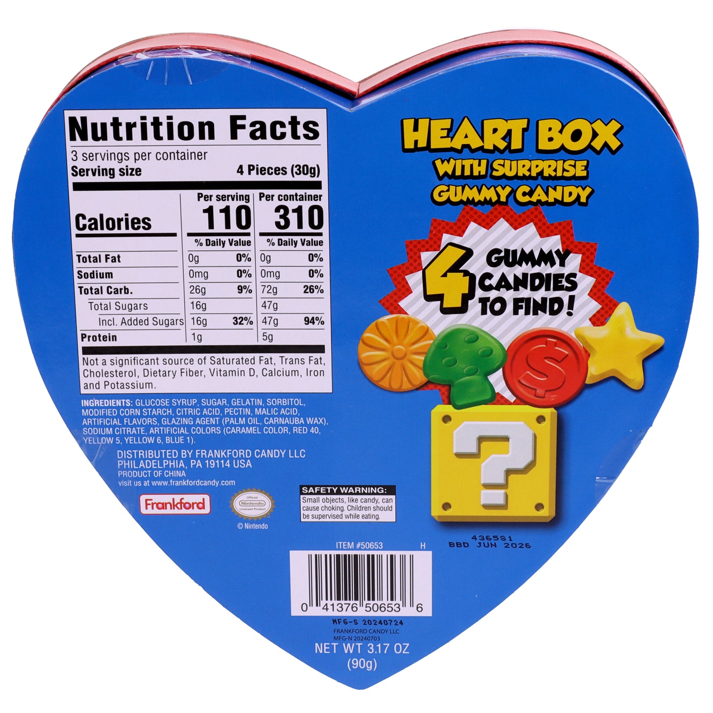 Back of mario surprise heart box with nutrition facts and ingredients