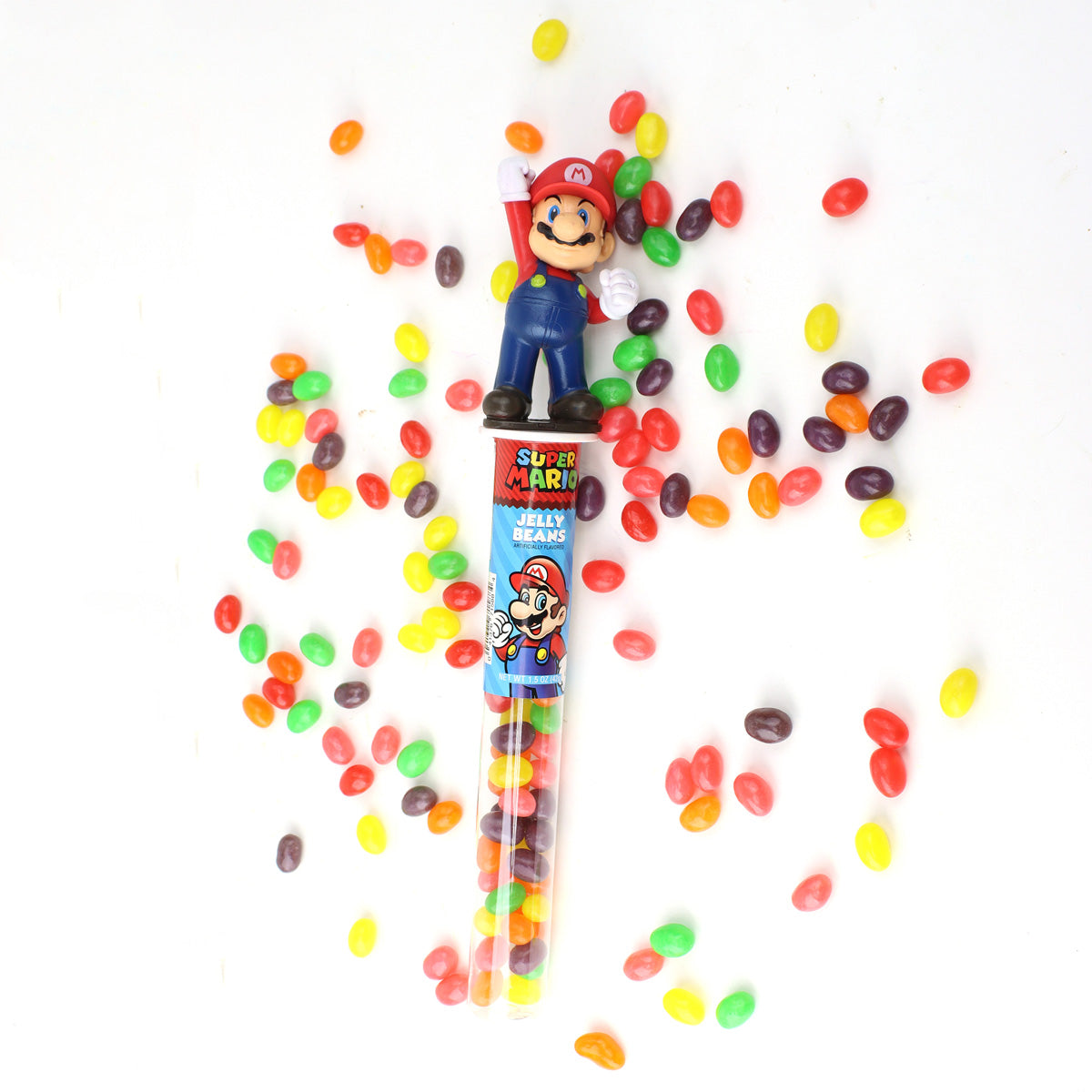 Tube topper laying face up with jelly beans scattered around it 