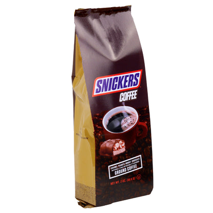 Snickers coffee bag with a coffee cup on front of package and a split snickers bar