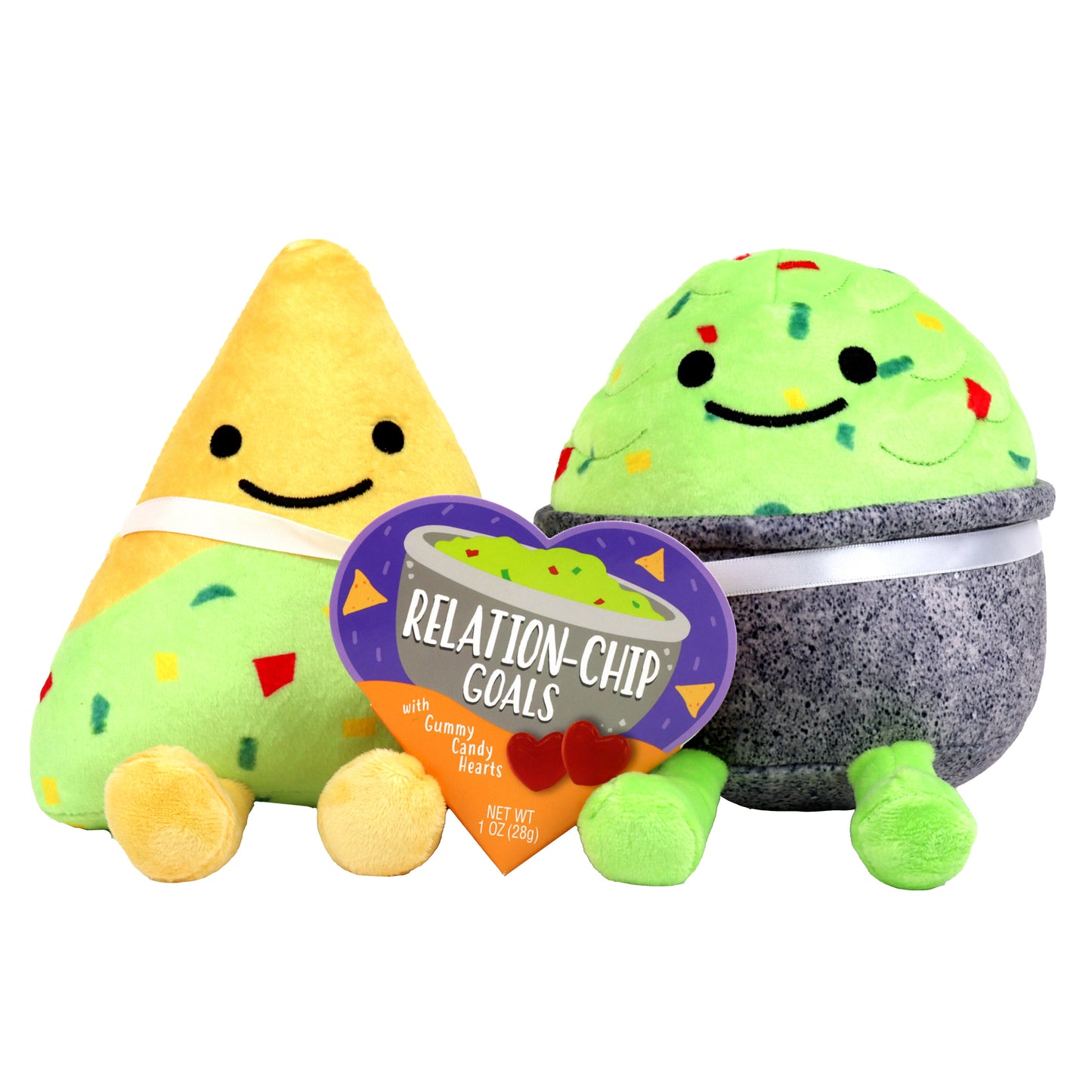 front of chips and guac plush and gummy heart box 