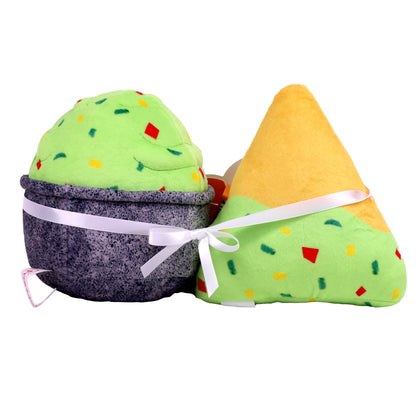 back of chips and guac plush and gummy heart box 