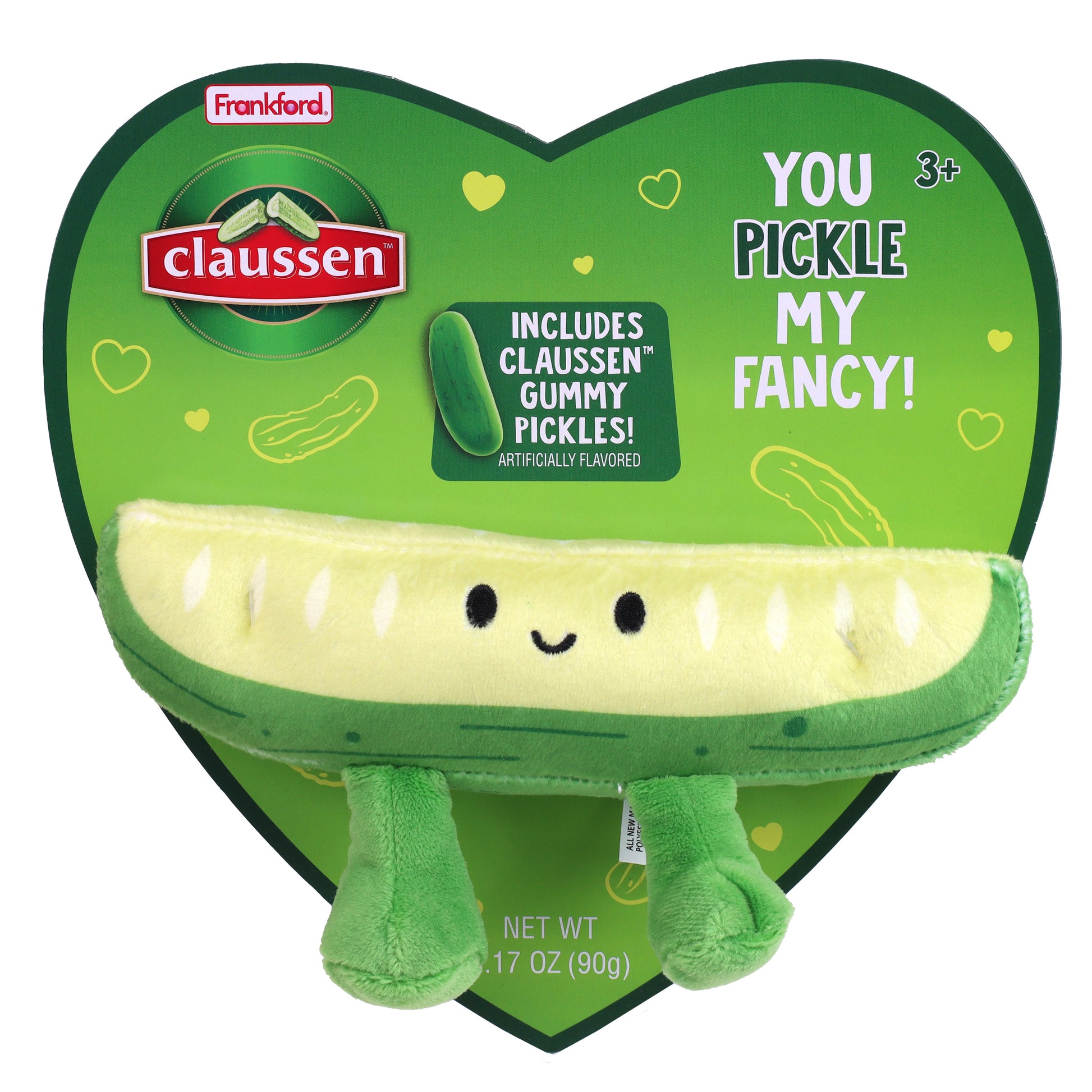 front of claussen heart box with pickle shaped plush