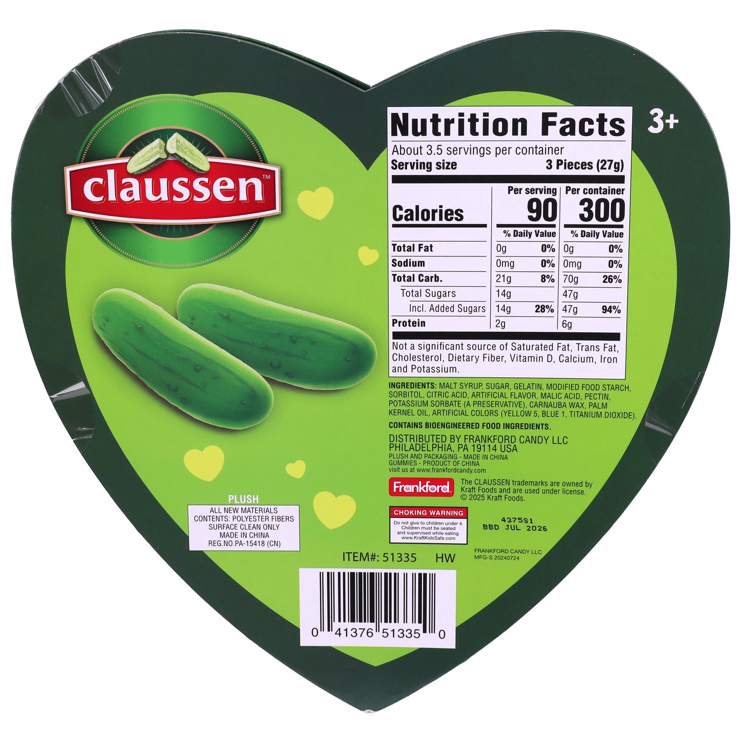 Back of claussen heart box which includes nutrition facts and ingredients for the claussen gummy candy 