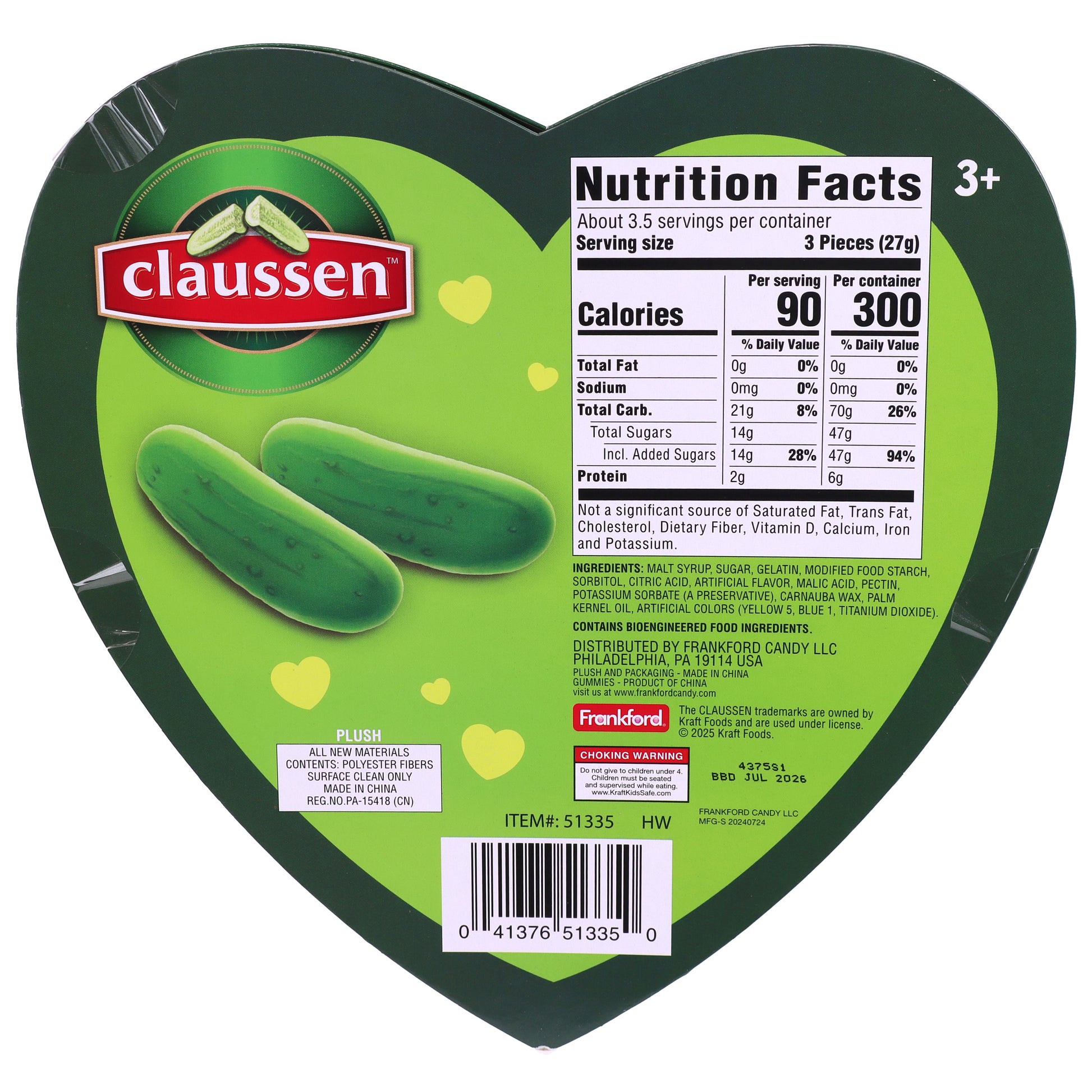 Back of claussen heart box which includes nutrition facts and ingredients for the claussen gummy candy 